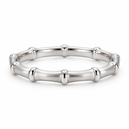 [metal:white-gold] Thalia Bamboo Band — front — slender bamboo-inspired satin rounded band with evenly spaced polished raised nodes, no stones, front view [catalog-v4]