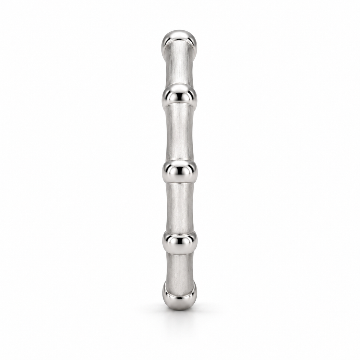 [metal:white-gold] Thalia Bamboo Band — side-profile — slender bamboo-inspired satin rounded band with evenly spaced polished raised nodes, no stones, side-profile view [catalog-v4]