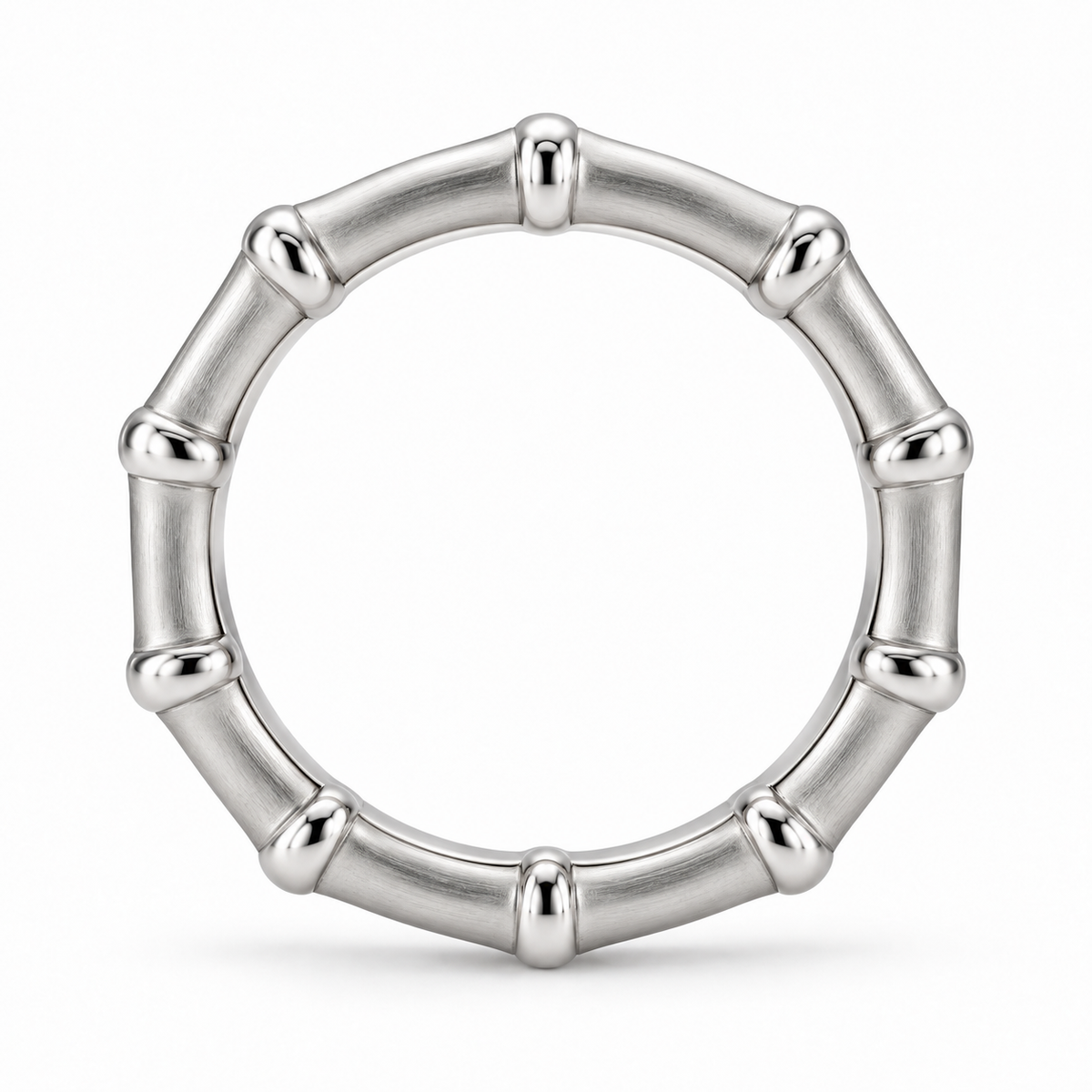 [metal:white-gold] Thalia Bamboo Band — top — slender bamboo-inspired satin rounded band with evenly spaced polished raised nodes, no stones, top view [catalog-v4]
