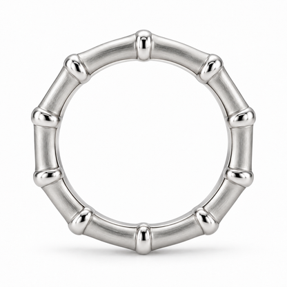 [metal:white-gold] Thalia Bamboo Band — top — slender bamboo-inspired satin rounded band with evenly spaced polished raised nodes, no stones, top view [catalog-v4]