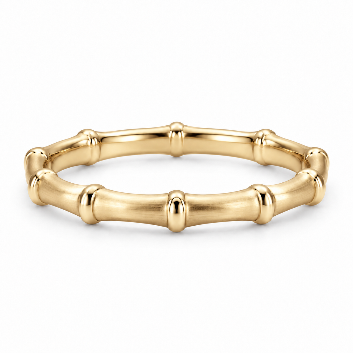 [metal:yellow-gold] Thalia Bamboo Band — front — slender bamboo-inspired satin rounded band with evenly spaced polished raised nodes, no stones, front view [catalog-v4]