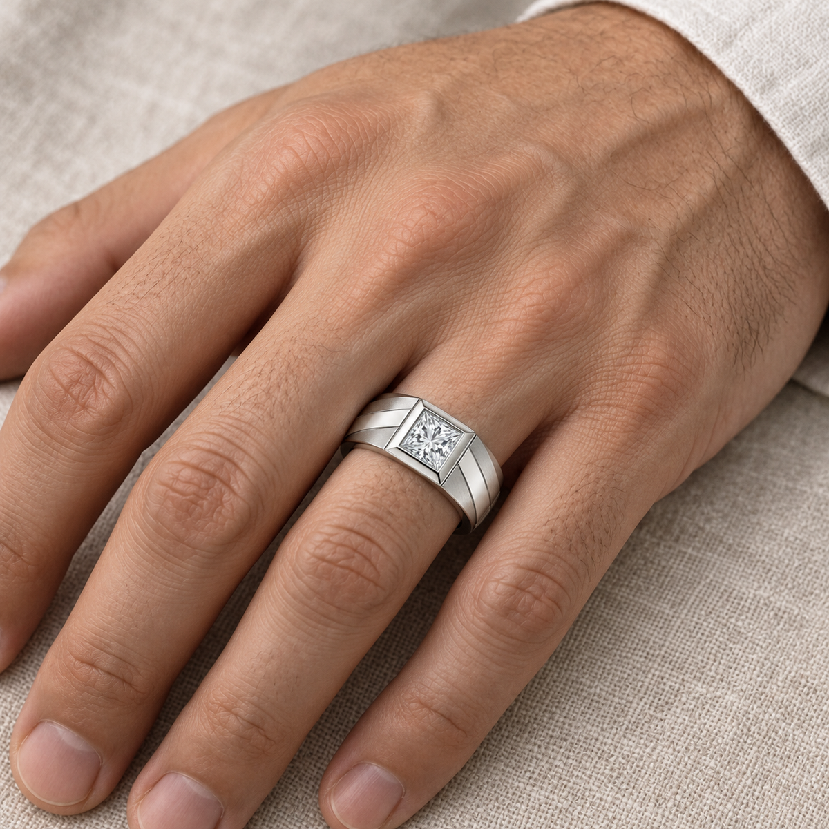 [metal:all] Theron Faceted Solitaire Setting — worn — Human-worn styling illustration; proportions are not calibrated [catalog-v4]
