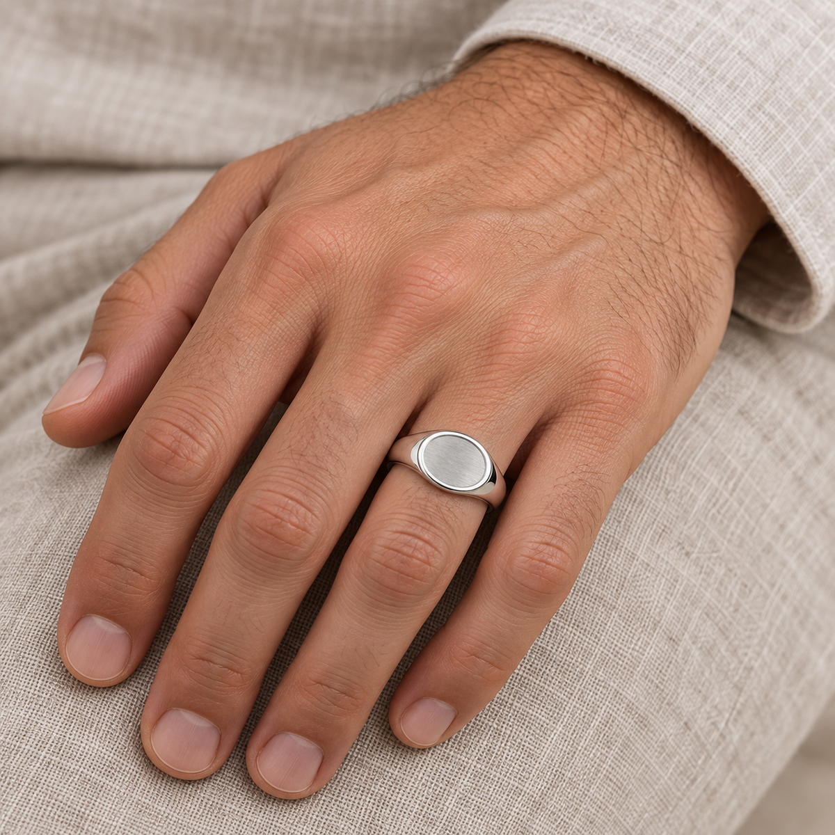 [metal:all] Theron Recessed Oval Signet Ring — worn — Human-worn styling illustration [catalog-v4]