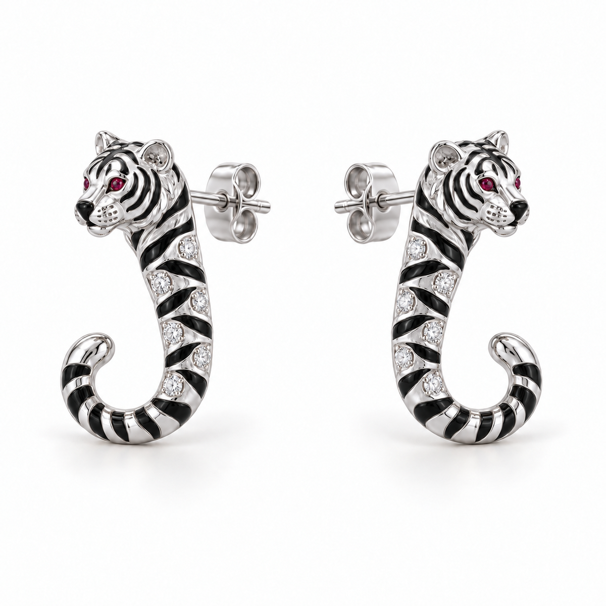 Tigris Striped J Studs — hero — [metal:white-gold]
