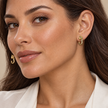 Tigris Striped J Studs — worn view — [metal:all]
