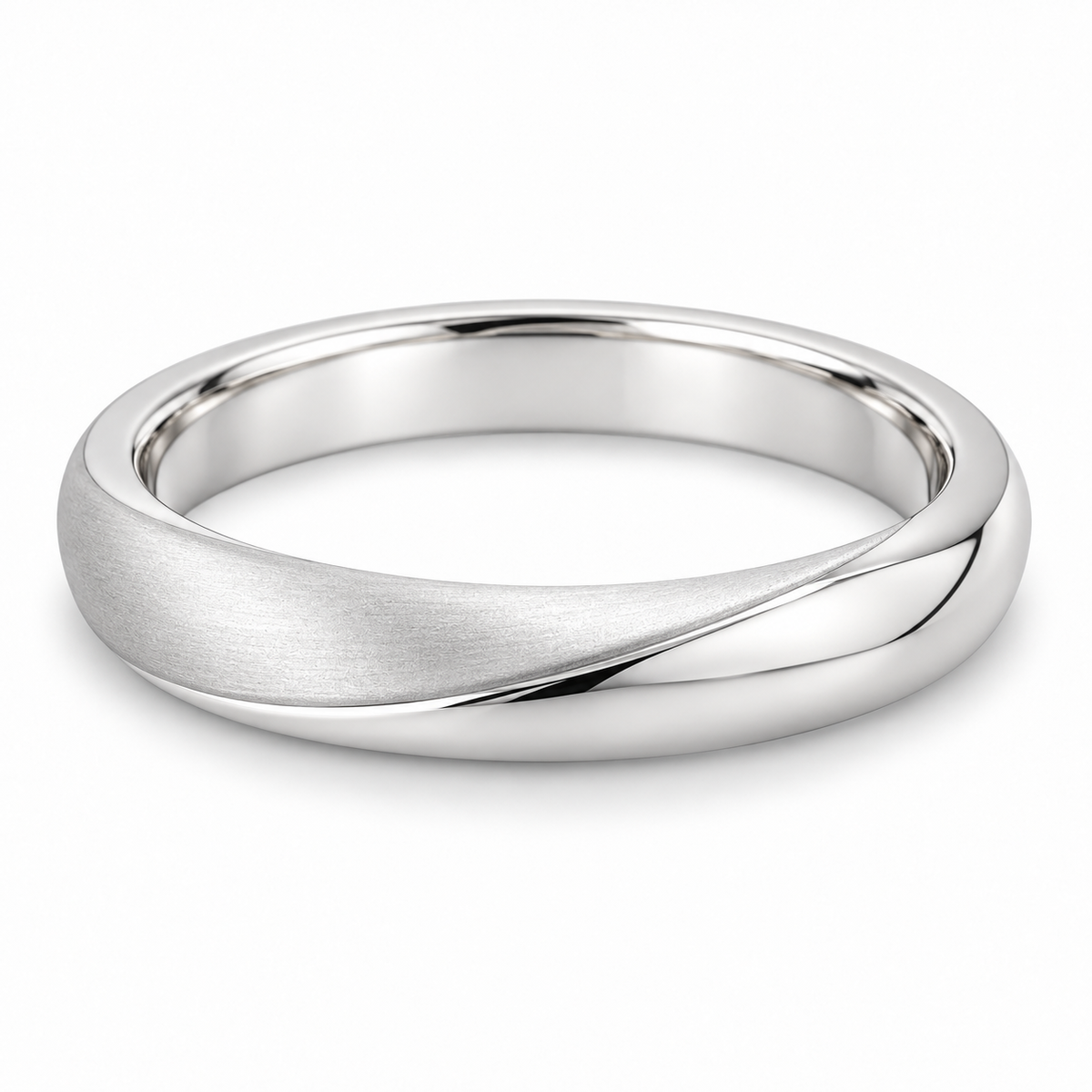 [metal:white-gold] Vaelisse Satin Fold Band — front — Womens slim 3 mm closed continuous wedding band with one shallow off-centre soft fold crest at front, one face satin and opposite face polished. Low smooth rounded ridge, no twists, no crossing strands, smooth circular comfort-fit interior. No diamonds. [catalog-v4]