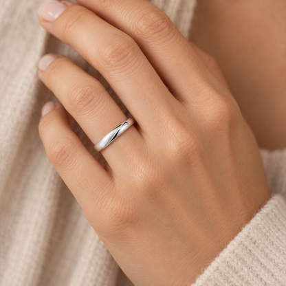 [metal:white-gold] Vaelisse Satin Fold Band — worn — Same design shown worn [catalog-v4]