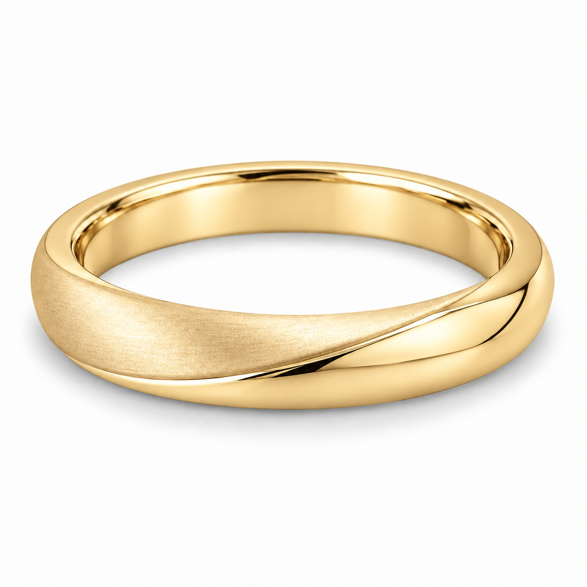 [metal:yellow-gold] Vaelisse Satin Fold Band — front — Womens slim 3 mm closed continuous wedding band with one shallow off-centre soft fold crest at front, one face satin and opposite face polished. Low smooth rounded ridge, no twists, no crossing strands, smooth circular comfort-fit interior. No diamonds. [catalog-v4]