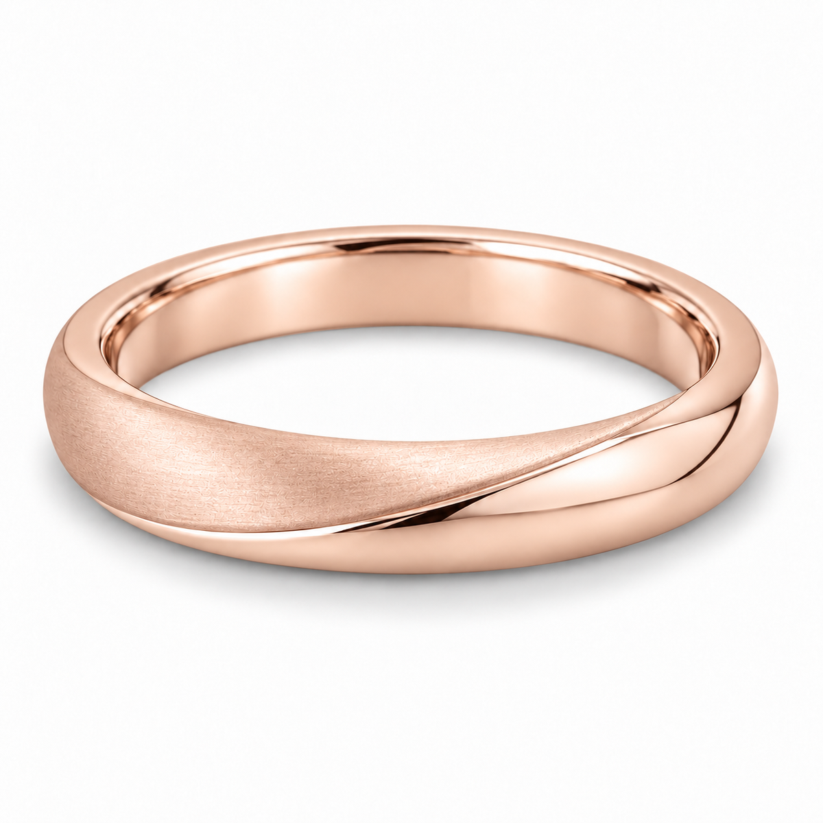 [metal:rose-gold] Vaelisse Satin Fold Band — front — Womens slim 3 mm closed continuous wedding band with one shallow off-centre soft fold crest at front, one face satin and opposite face polished. Low smooth rounded ridge, no twists, no crossing strands, smooth circular comfort-fit interior. No diamonds. [catalog-v4]