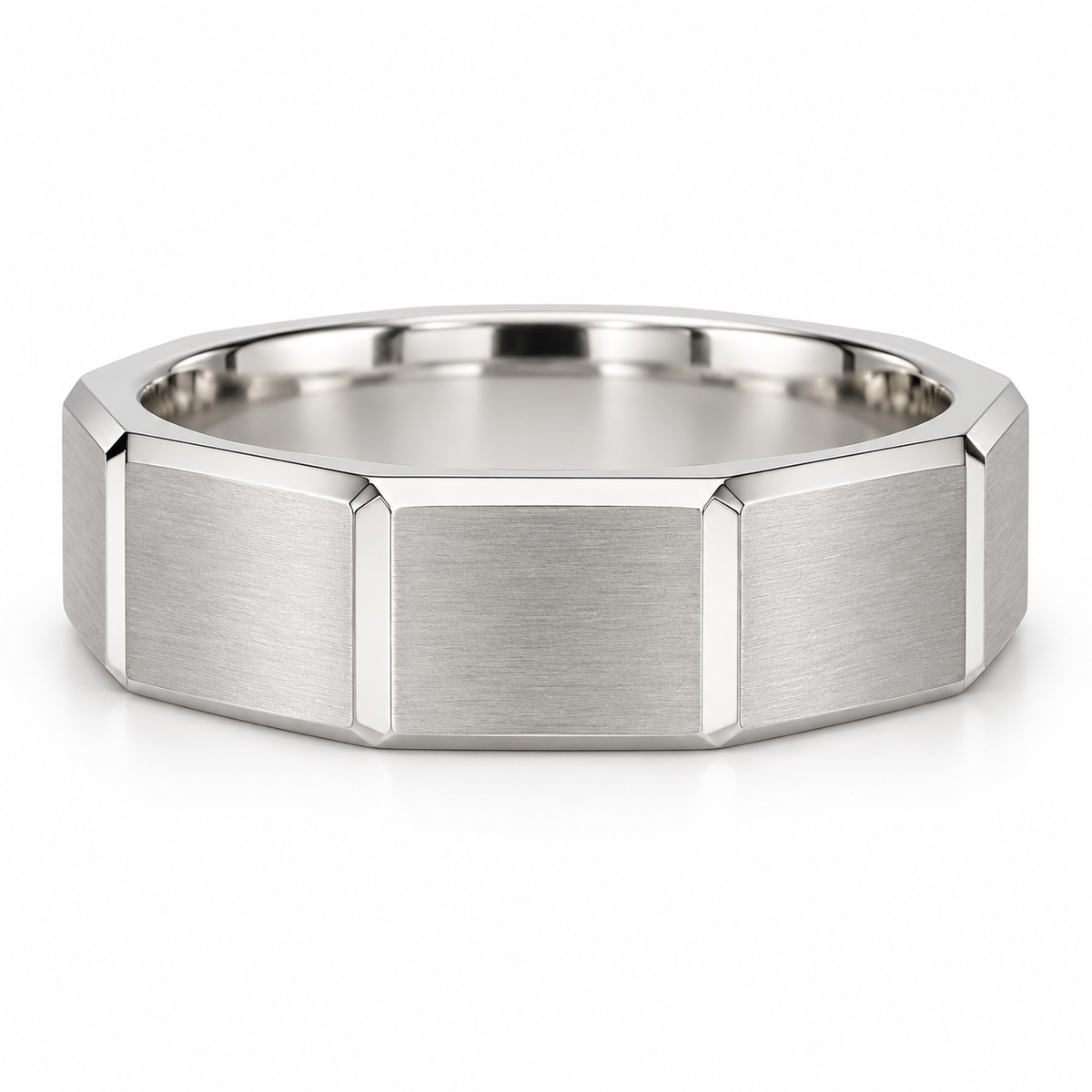 [metal:white-gold] Valentin Octagonal Band — front — men's broad octagonal outer profile band with eight large flat satin panels and narrow polished bevel edges, circular bore no stones, front view [catalog-v4]