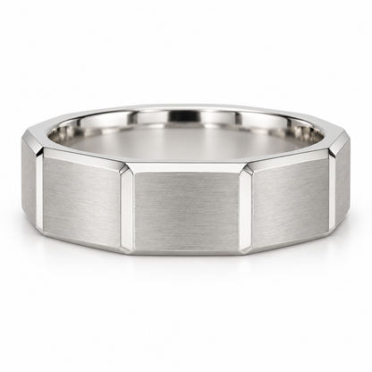 [metal:white-gold] Valentin Octagonal Band — front — men's broad octagonal outer profile band with eight large flat satin panels and narrow polished bevel edges, circular bore no stones, front view [catalog-v4]