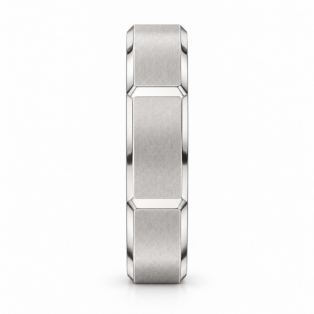 [metal:white-gold] Valentin Octagonal Band — side-profile — men's broad octagonal outer profile band with eight large flat satin panels and narrow polished bevel edges, circular bore no stones, side-profile view [catalog-v4]
