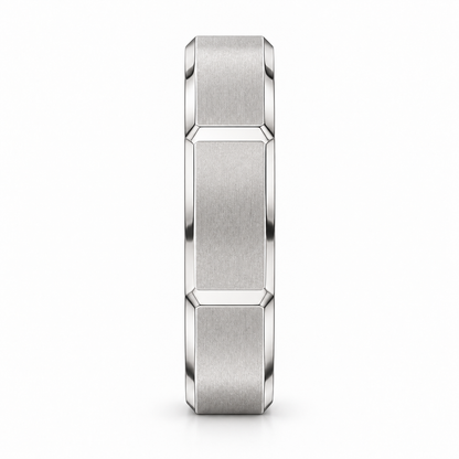 [metal:white-gold] Valentin Octagonal Band — side-profile — men's broad octagonal outer profile band with eight large flat satin panels and narrow polished bevel edges, circular bore no stones, side-profile view [catalog-v4]