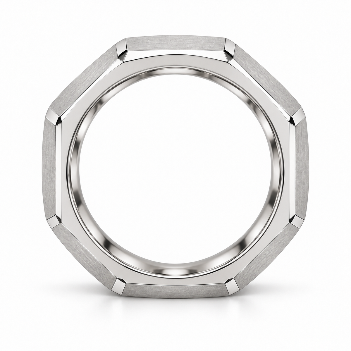 [metal:white-gold] Valentin Octagonal Band — top — men's broad octagonal outer profile band with eight large flat satin panels and narrow polished bevel edges, circular bore no stones, top view [catalog-v4]