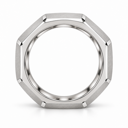 [metal:white-gold] Valentin Octagonal Band — top — men's broad octagonal outer profile band with eight large flat satin panels and narrow polished bevel edges, circular bore no stones, top view [catalog-v4]