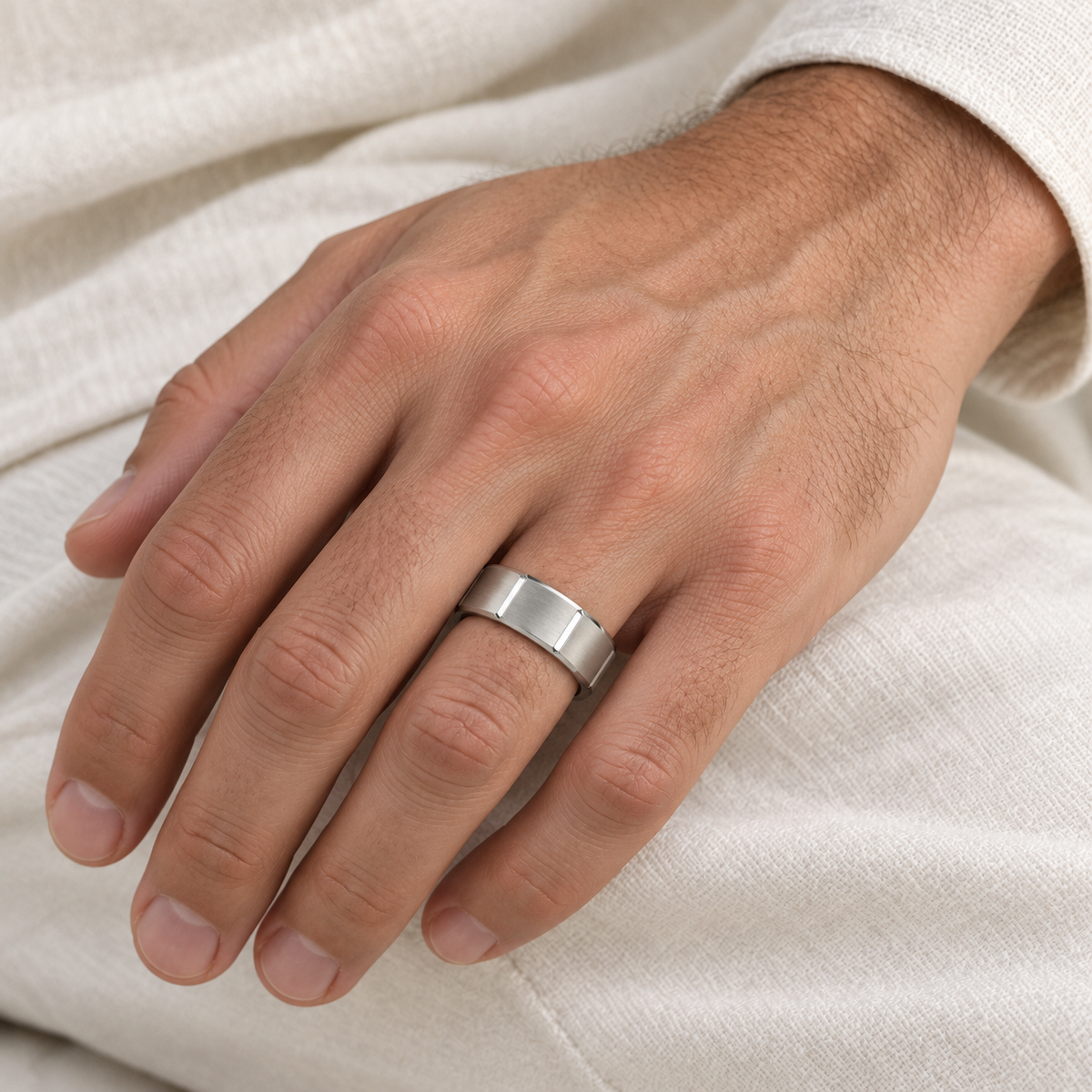 [metal:all] Valentin Octagonal Band — worn — Human-worn styling illustration [catalog-v4]