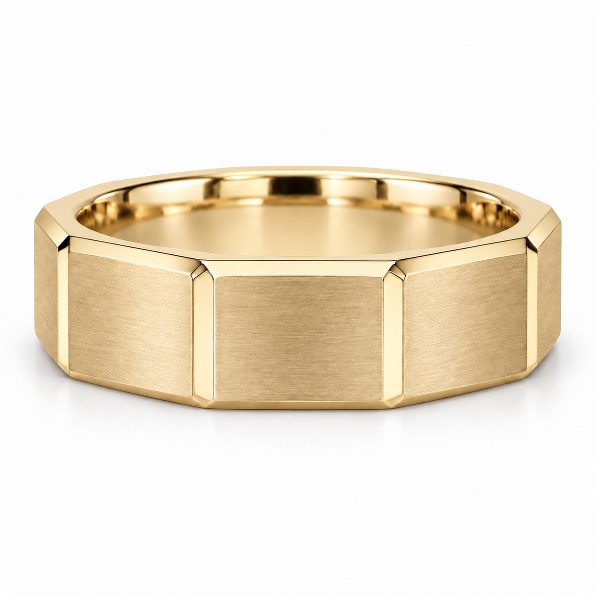 [metal:yellow-gold] Valentin Octagonal Band — front — men's broad octagonal outer profile band with eight large flat satin panels and narrow polished bevel edges, circular bore no stones, front view [catalog-v4]