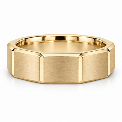 [metal:yellow-gold] Valentin Octagonal Band — front — men's broad octagonal outer profile band with eight large flat satin panels and narrow polished bevel edges, circular bore no stones, front view [catalog-v4]