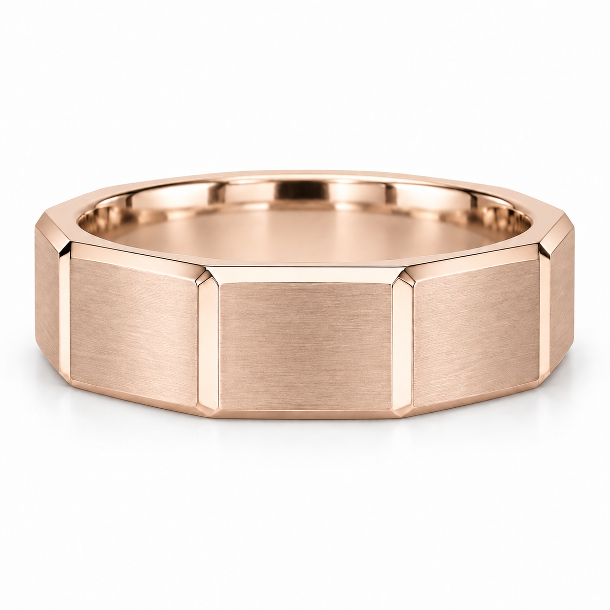 [metal:rose-gold] Valentin Octagonal Band — front — men's broad octagonal outer profile band with eight large flat satin panels and narrow polished bevel edges, circular bore no stones, front view [catalog-v4]