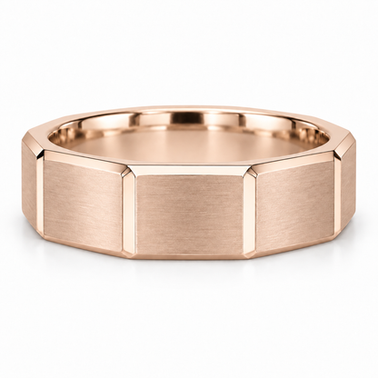 [metal:rose-gold] Valentin Octagonal Band — front — men's broad octagonal outer profile band with eight large flat satin panels and narrow polished bevel edges, circular bore no stones, front view [catalog-v4]