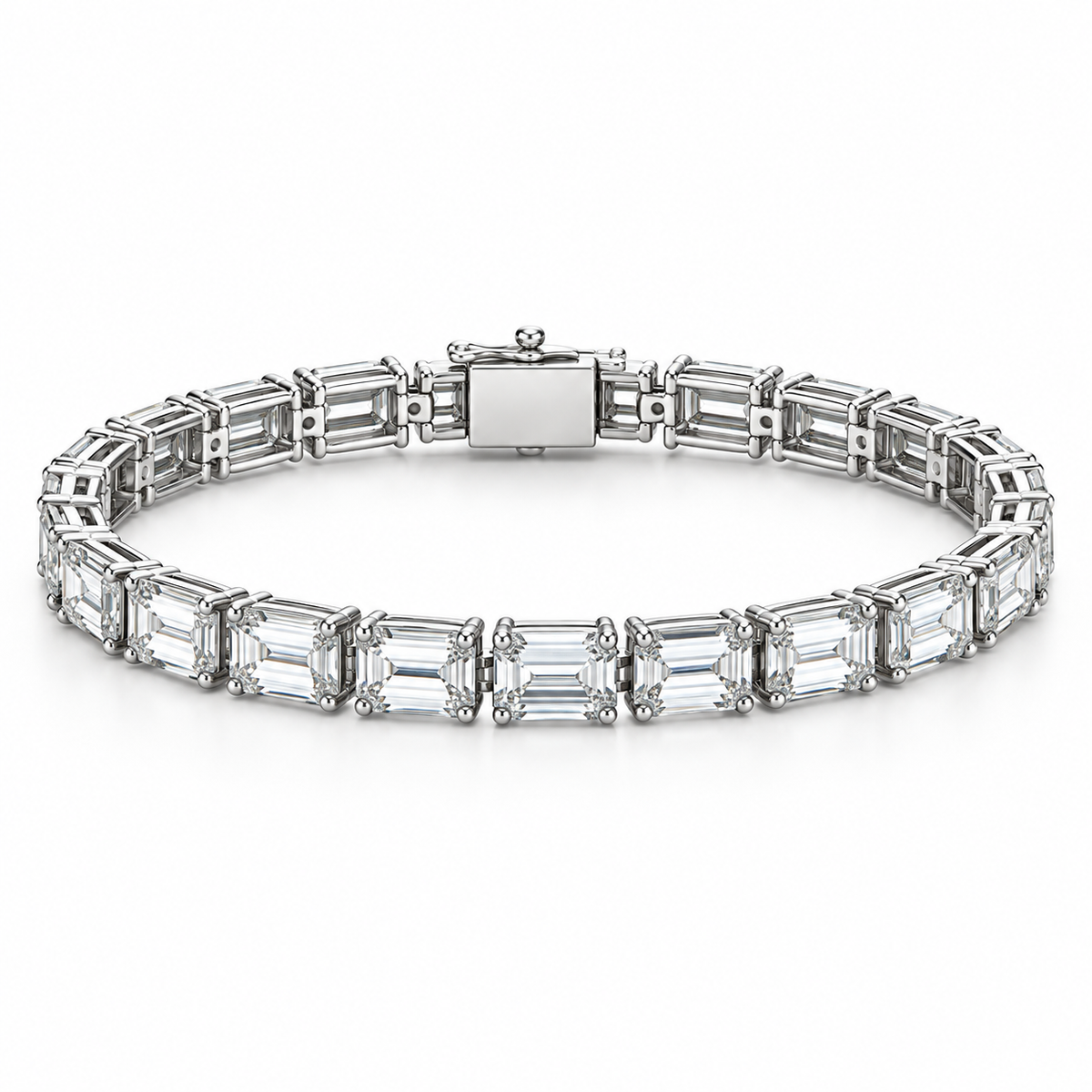 [metal:white-gold] Valentina Emerald-Cut Bracelet — front — East-west emerald-cut diamond bracelet, low oblique studio view [catalog-v4]