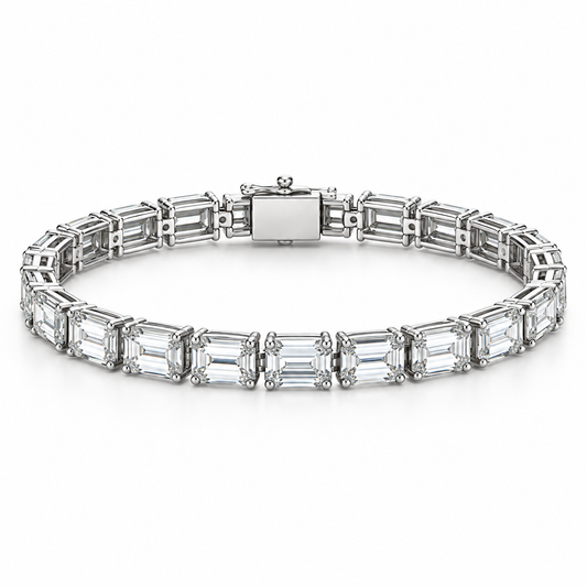 [metal:white-gold] Valentina Emerald-Cut Bracelet — front — East-west emerald-cut diamond bracelet, low oblique studio view [catalog-v4]