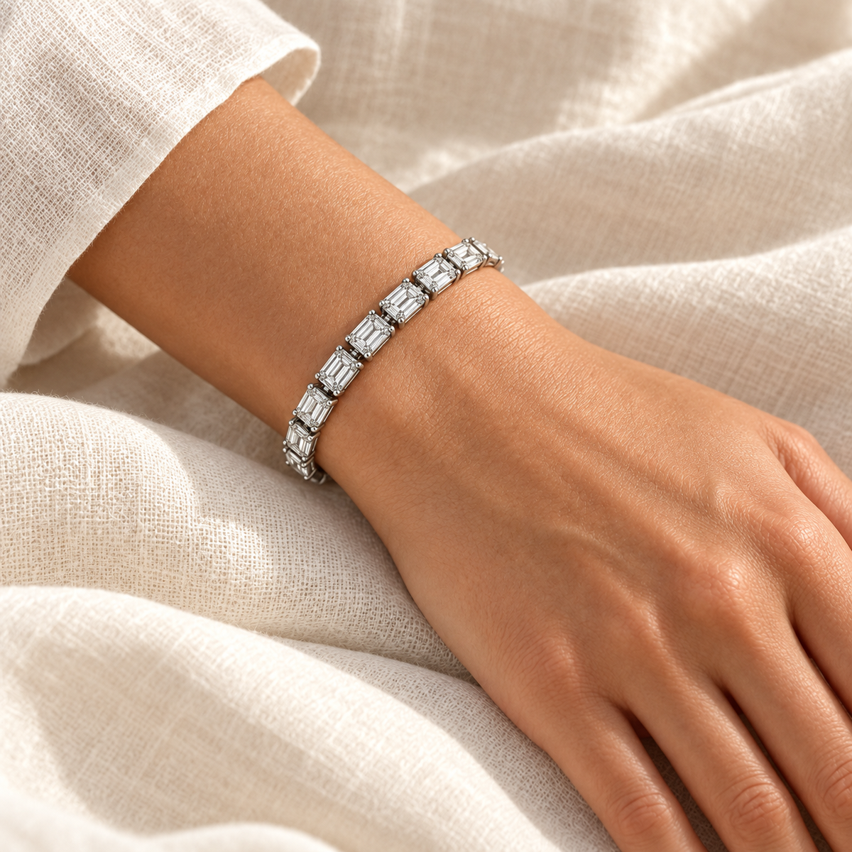 [metal:all] Valentina Emerald-Cut Bracelet — worn — Human-worn styling illustration [catalog-v4]