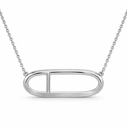 [metal:white-gold] Veloria Horizon Loop Necklace — front — One horizontal hollow oval metal loop with a flat satin lower half and polished round upper half, a short solid vertical metal strut offset one third from left divides the open oval into two unequal windows. Cable chain fixed to both upper outer corners. No stones. [catalog-v4]