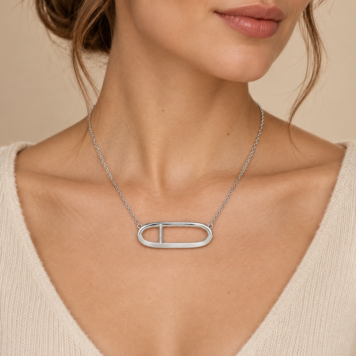 [metal:white-gold] Veloria Horizon Loop Necklace — worn — Same design shown worn [catalog-v4]