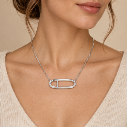 [metal:white-gold] Veloria Horizon Loop Necklace — worn — Same design shown worn [catalog-v4]