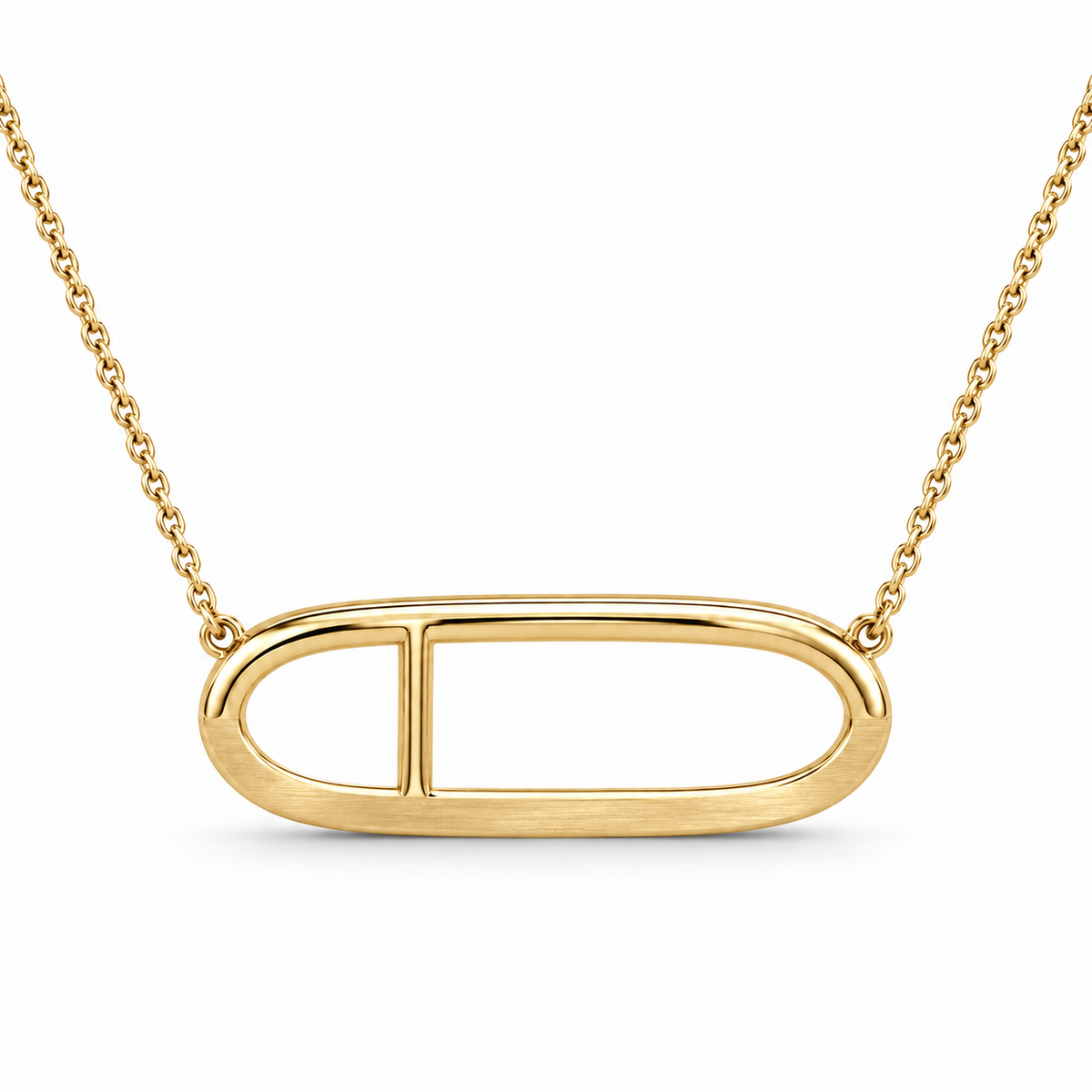 [metal:yellow-gold] Veloria Horizon Loop Necklace — front — One horizontal hollow oval metal loop with a flat satin lower half and polished round upper half, a short solid vertical metal strut offset one third from left divides the open oval into two unequal windows. Cable chain fixed to both upper outer corners. No stones. [catalog-v4]