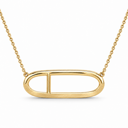 [metal:yellow-gold] Veloria Horizon Loop Necklace — front — One horizontal hollow oval metal loop with a flat satin lower half and polished round upper half, a short solid vertical metal strut offset one third from left divides the open oval into two unequal windows. Cable chain fixed to both upper outer corners. No stones. [catalog-v4]