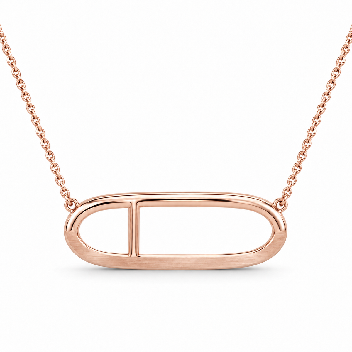 [metal:rose-gold] Veloria Horizon Loop Necklace — front — One horizontal hollow oval metal loop with a flat satin lower half and polished round upper half, a short solid vertical metal strut offset one third from left divides the open oval into two unequal windows. Cable chain fixed to both upper outer corners. No stones. [catalog-v4]