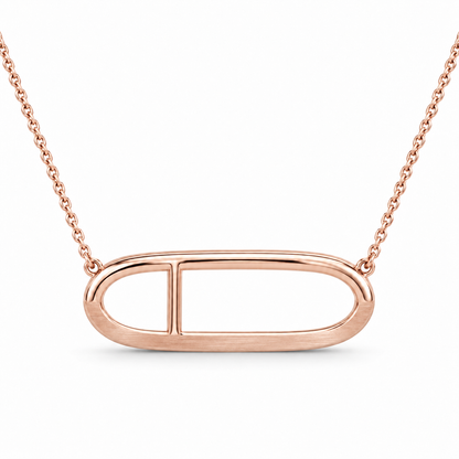 [metal:rose-gold] Veloria Horizon Loop Necklace — front — One horizontal hollow oval metal loop with a flat satin lower half and polished round upper half, a short solid vertical metal strut offset one third from left divides the open oval into two unequal windows. Cable chain fixed to both upper outer corners. No stones. [catalog-v4]