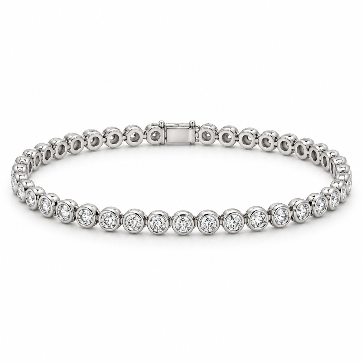 [metal:white-gold] Vesper Bezel Tennis Bracelet — front — continuous tennis bracelet of small round diamonds in separate smooth circular bezels, front view [catalog-v4]