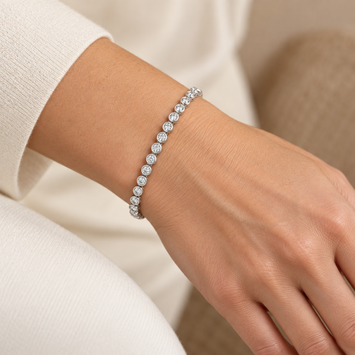 [metal:all] Vesper Bezel Tennis Bracelet — worn — Human-worn styling illustration [catalog-v4]