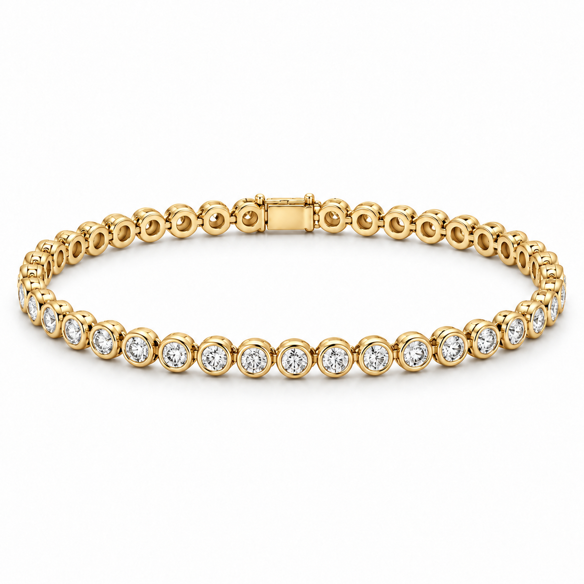 [metal:yellow-gold] Vesper Bezel Tennis Bracelet — front — continuous tennis bracelet of small round diamonds in separate smooth circular bezels, front view [catalog-v4]