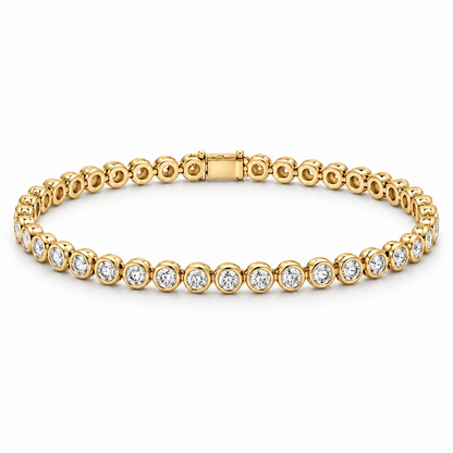 [metal:yellow-gold] Vesper Bezel Tennis Bracelet — front — continuous tennis bracelet of small round diamonds in separate smooth circular bezels, front view [catalog-v4]