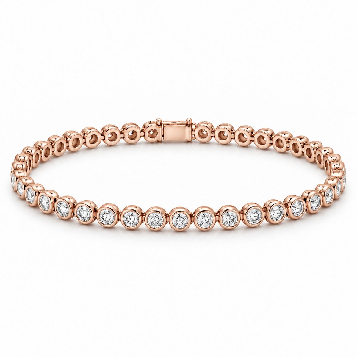 [metal:rose-gold] Vesper Bezel Tennis Bracelet — front — continuous tennis bracelet of small round diamonds in separate smooth circular bezels, front view [catalog-v4]