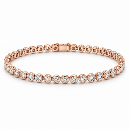 [metal:rose-gold] Vesper Bezel Tennis Bracelet — front — continuous tennis bracelet of small round diamonds in separate smooth circular bezels, front view [catalog-v4]