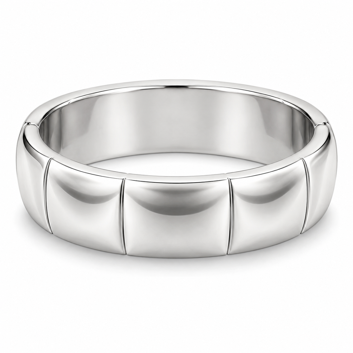[metal:white-gold] Veyron Contour-Tile Band — front — Mens closed continuous 6 mm band with six broad smooth polished shallow saddle-shaped outer panels, each separated by a very fine incised straight seam. Each saddle panel subtly concave lengthwise, rounded borders, unbroken circular inner bore. No stones, no holes, no braid. [catalog-v4]