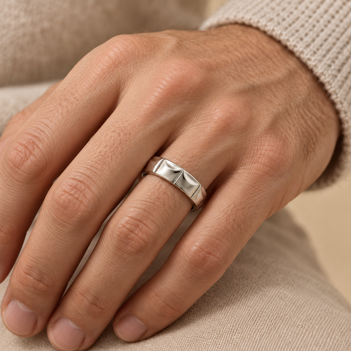[metal:white-gold] Veyron Contour-Tile Band — worn — Same design shown worn [catalog-v4]
