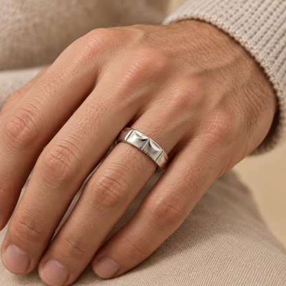 [metal:white-gold] Veyron Contour-Tile Band — worn — Same design shown worn [catalog-v4]