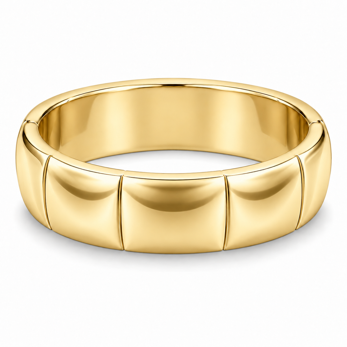 [metal:yellow-gold] Veyron Contour-Tile Band — front — Mens closed continuous 6 mm band with six broad smooth polished shallow saddle-shaped outer panels, each separated by a very fine incised straight seam. Each saddle panel subtly concave lengthwise, rounded borders, unbroken circular inner bore. No stones, no holes, no braid. [catalog-v4]