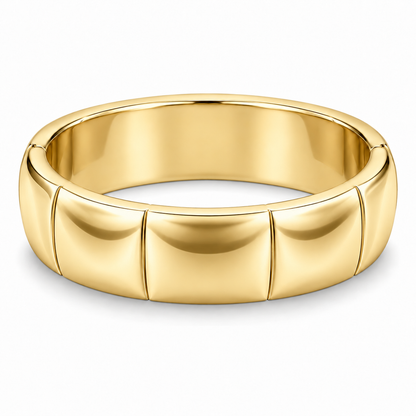 [metal:yellow-gold] Veyron Contour-Tile Band — front — Mens closed continuous 6 mm band with six broad smooth polished shallow saddle-shaped outer panels, each separated by a very fine incised straight seam. Each saddle panel subtly concave lengthwise, rounded borders, unbroken circular inner bore. No stones, no holes, no braid. [catalog-v4]