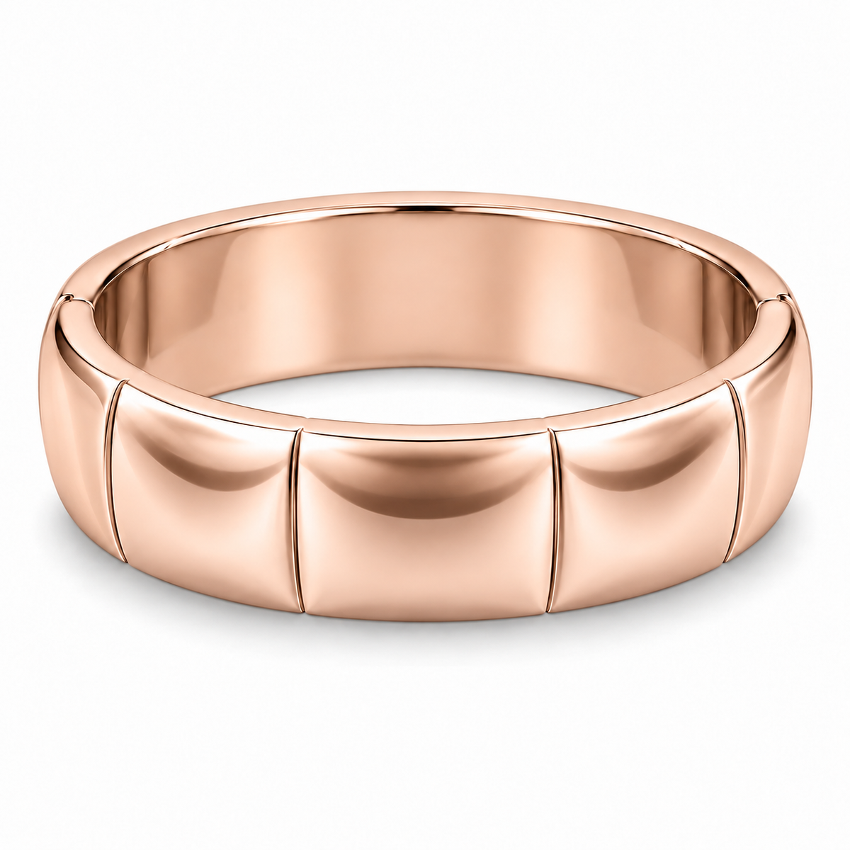 [metal:rose-gold] Veyron Contour-Tile Band — front — Mens closed continuous 6 mm band with six broad smooth polished shallow saddle-shaped outer panels, each separated by a very fine incised straight seam. Each saddle panel subtly concave lengthwise, rounded borders, unbroken circular inner bore. No stones, no holes, no braid. [catalog-v4]