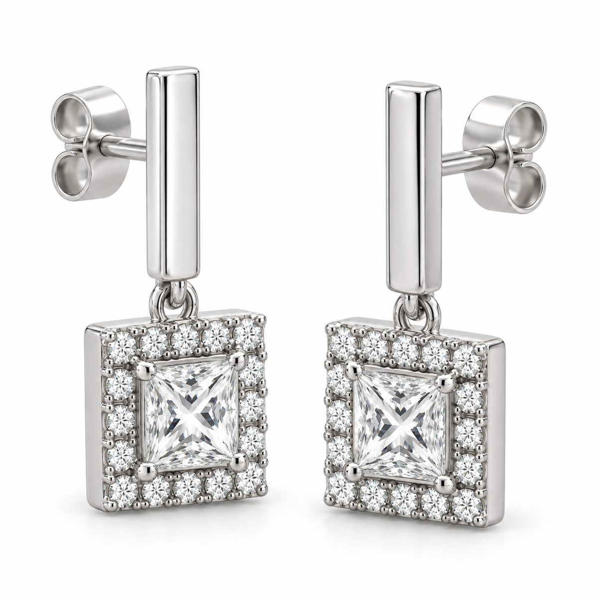 [metal:white-gold] Violetta Square Halo Drops — three-quarter — Violetta Square Halo Drops three-quarter design illustration [catalog-v4]