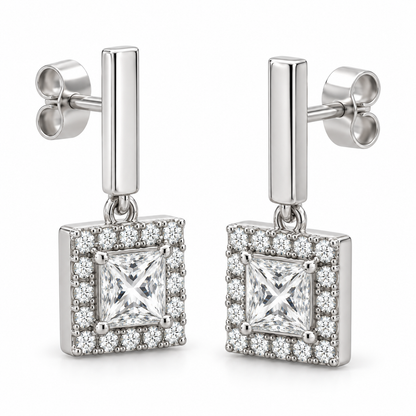 [metal:white-gold] Violetta Square Halo Drops — three-quarter — Violetta Square Halo Drops three-quarter design illustration [catalog-v4]