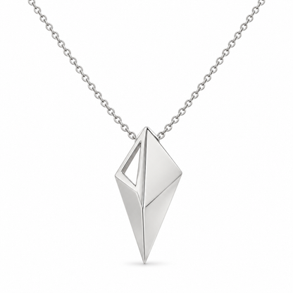 [metal:white-gold] Virelia Folded Sail Necklace — front — One asymmetric solid folded triangular metal sail pendant, three crisp planar facets and one narrow open triangular aperture near the upper left edge. Single small hidden bail at top, fine cable chain, no stones. [catalog-v4]