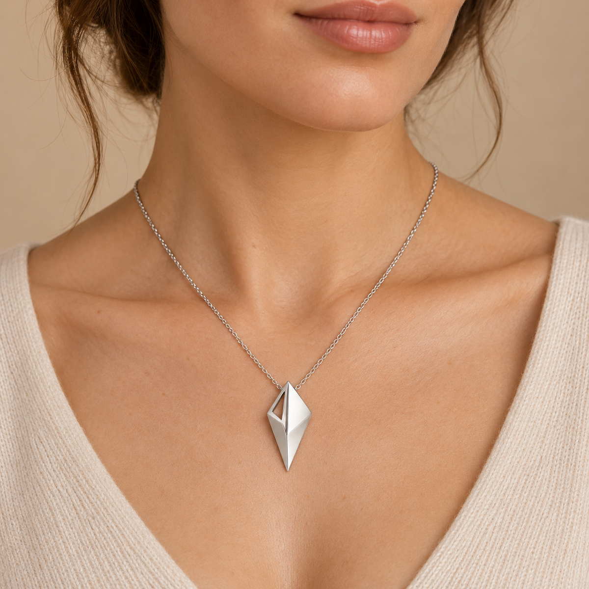 [metal:white-gold] Virelia Folded Sail Necklace — worn — Same design shown worn [catalog-v4]